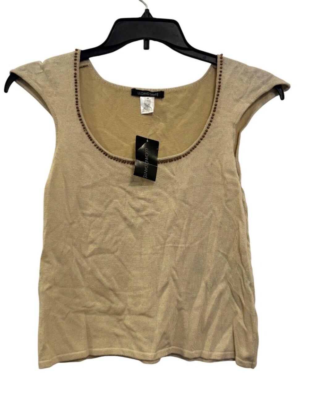Luciano Dante Beaded Scoop Neck Beige Cap Sleeve Top Medium